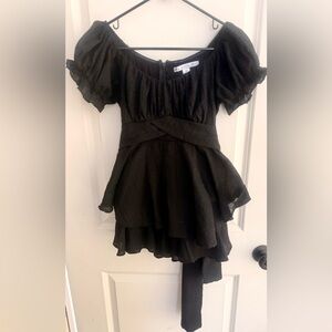 Hyfve Black Babydoll Romper Milkmaid Neckline Tie Waist Puffed Sleeves sz M